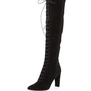 Stuart Weitzman Women’s Stretch Suede Over The Knee Lace Up Boots in Black